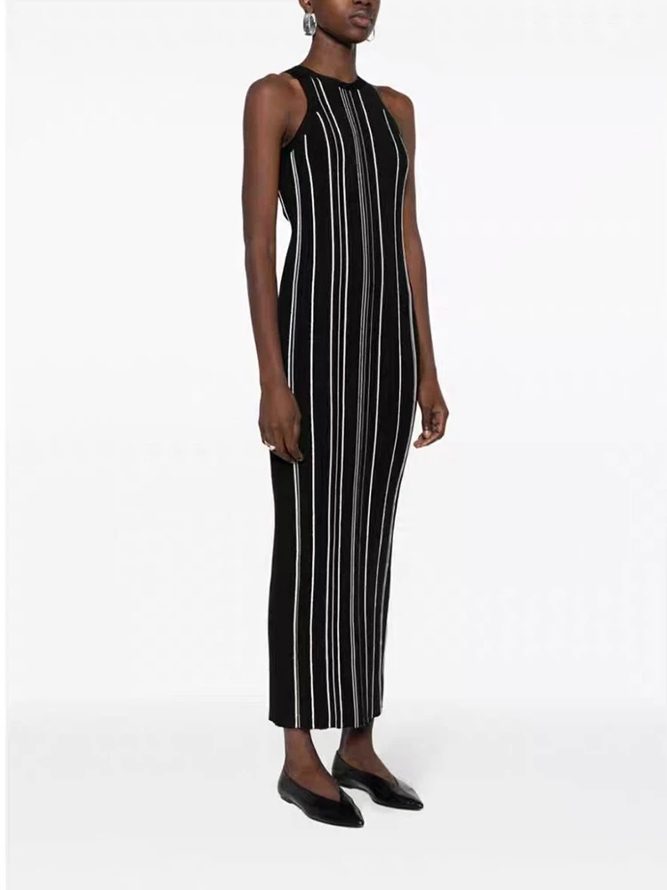 Striped knit undershirt dress temperament Elegant black and white color collision striped elastic Slim long women's dresses