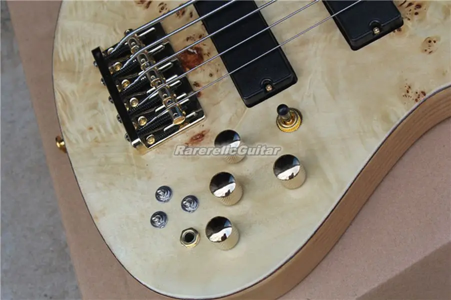 ​Fode 5 Strings Burl Natural Wood Spalted Maple Top Electric Bass Guitar Ash Body Maple Neck  Abalone Butterfly Gold Hardware