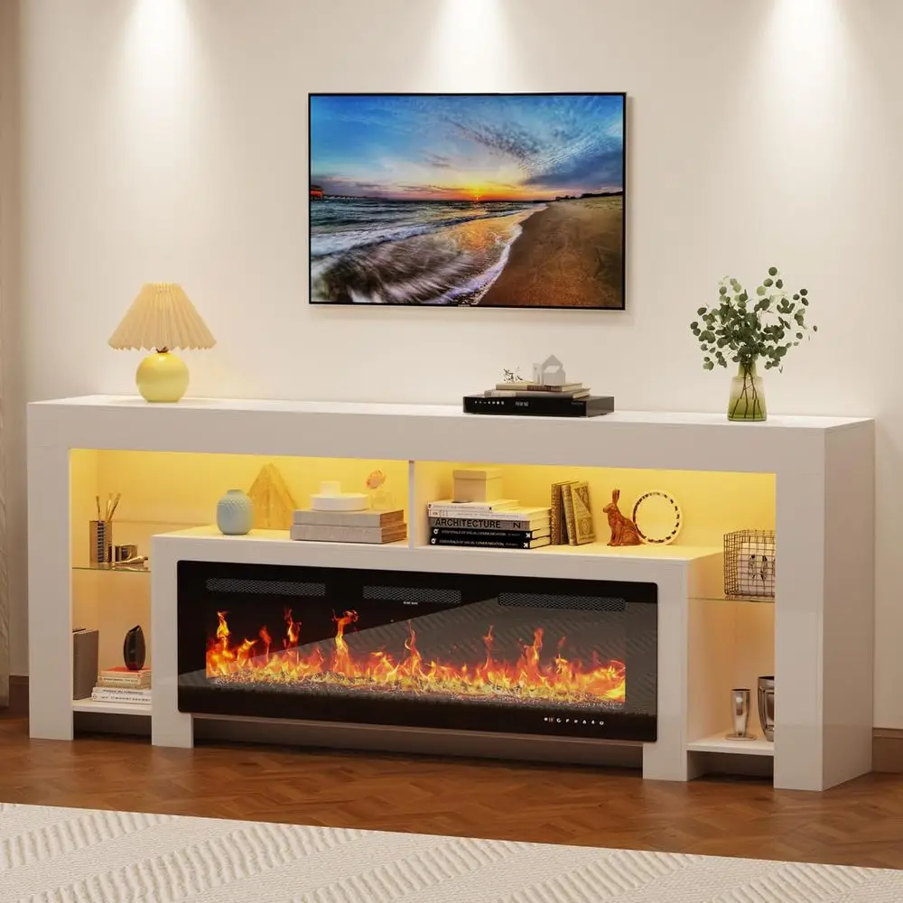 

82-inch High Gloss TV Stand with 50-inch Screen, Entertainment Center, LED Lighting, White