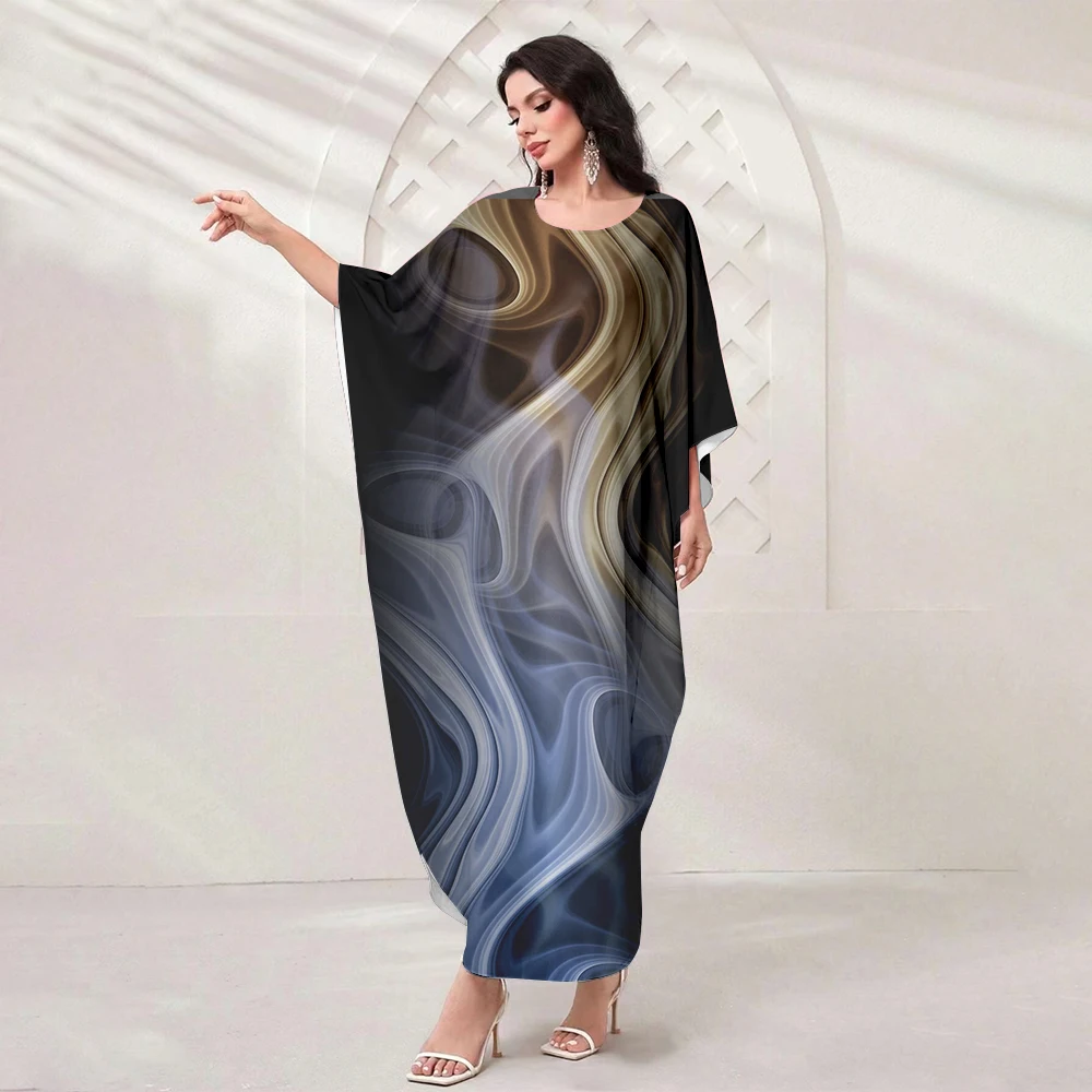 Eid Al-Fitr Muslim Long Dress Arab Women Bat Sleeve Loose Robe Ladies Elegant Party Dress O Collar Robe Jarabiya 2024