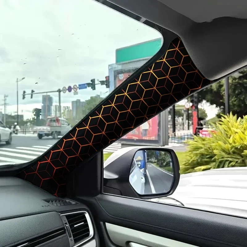 Orange 3D Geometric Grid Car A‑Pillar Cover Universal Vinyl Anti‑Scratch Auto Interior Decor Protective Sleeve