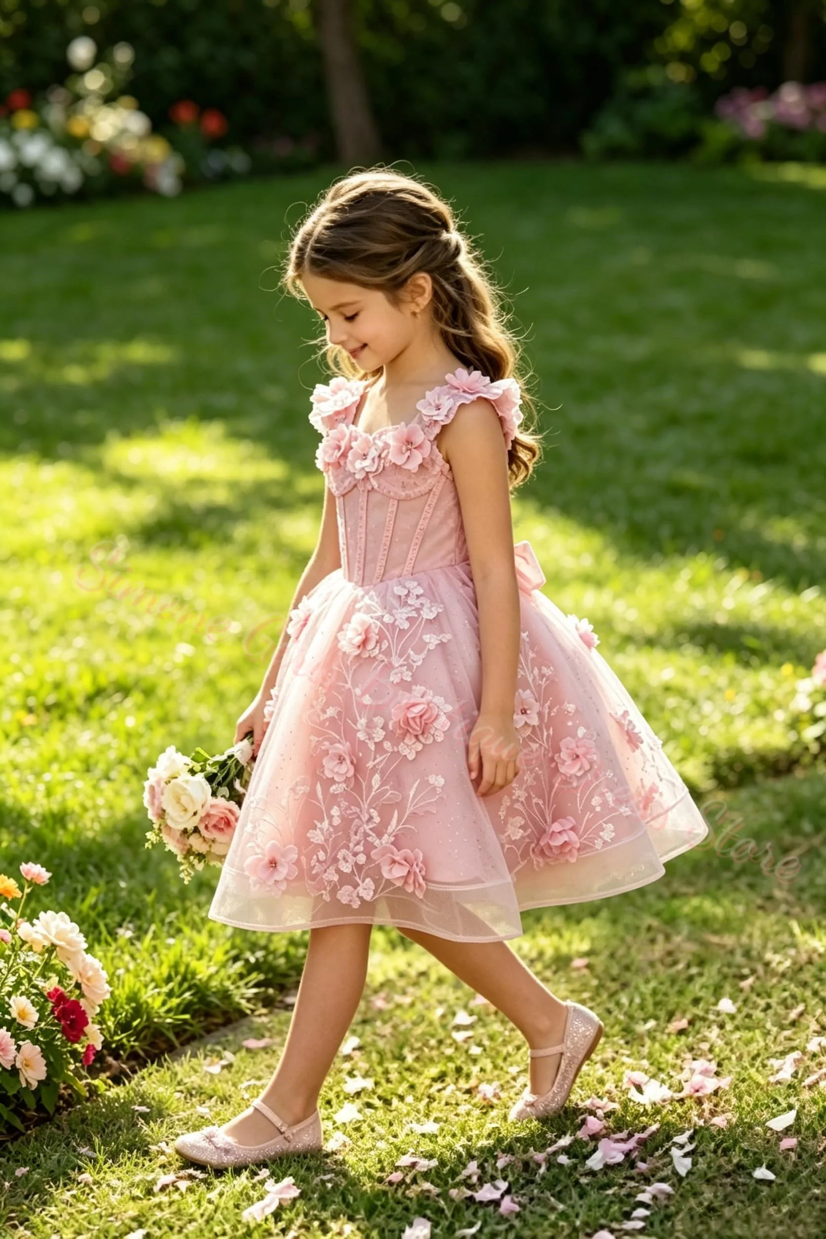 Pink Tulle Flower Girl Dress for Wedding Kids Straps 3D Appliques Glitter Pageant Dress Sweep Train Custom Children's Costume