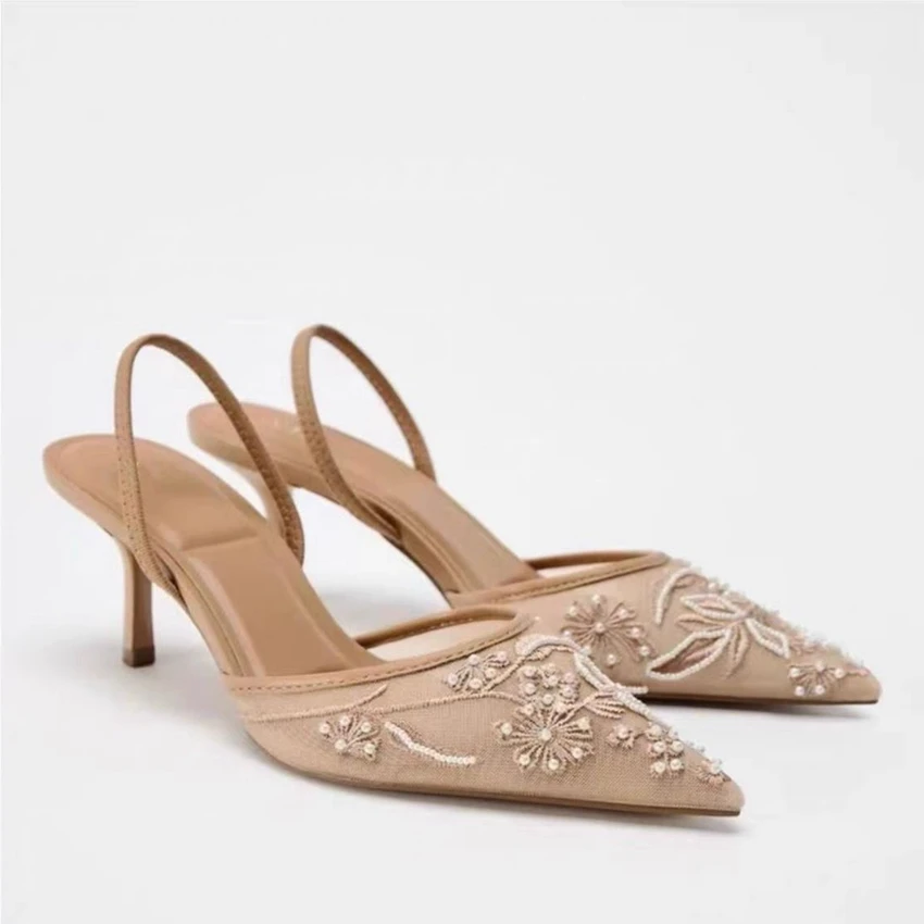Luxury Brand High Heels Women Sandals Mesh Embroider Elegant Pointed Ladies Slingback Evening Party Wedding Bridal Dress Shoes image 2