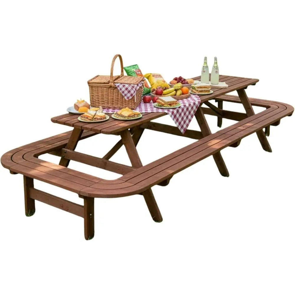 

Seating for 14-16: RecBrown Wooden Picnic Table with Benches and Umbrella Hole for Outdoor Dining
