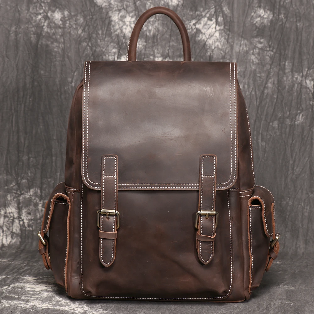 Men's Vintage Crazy Horse Leather Backpack Large‑Capacity Genuine Leather Travel Rucksac Business Commute Laptop School Bag