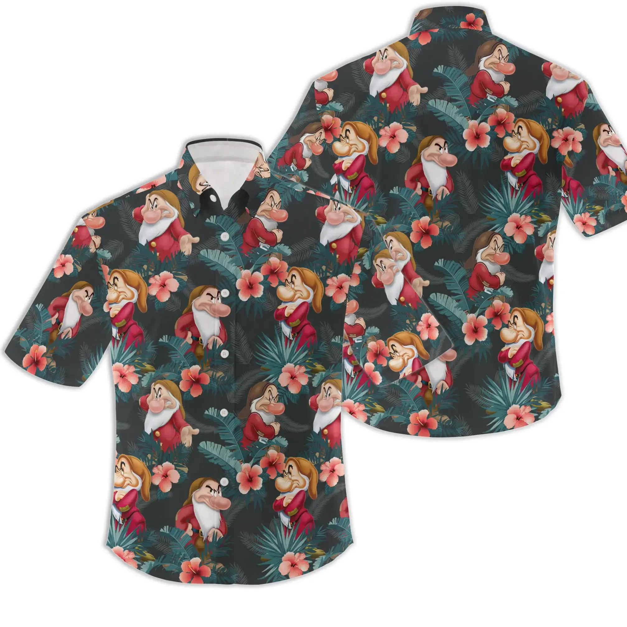 

2024 New Disney Hawaiian Shirt Grumpy Men and Women Hawaiian Shirt Seven Dwarfs Short-sleeved Shirt Casual Retro Top