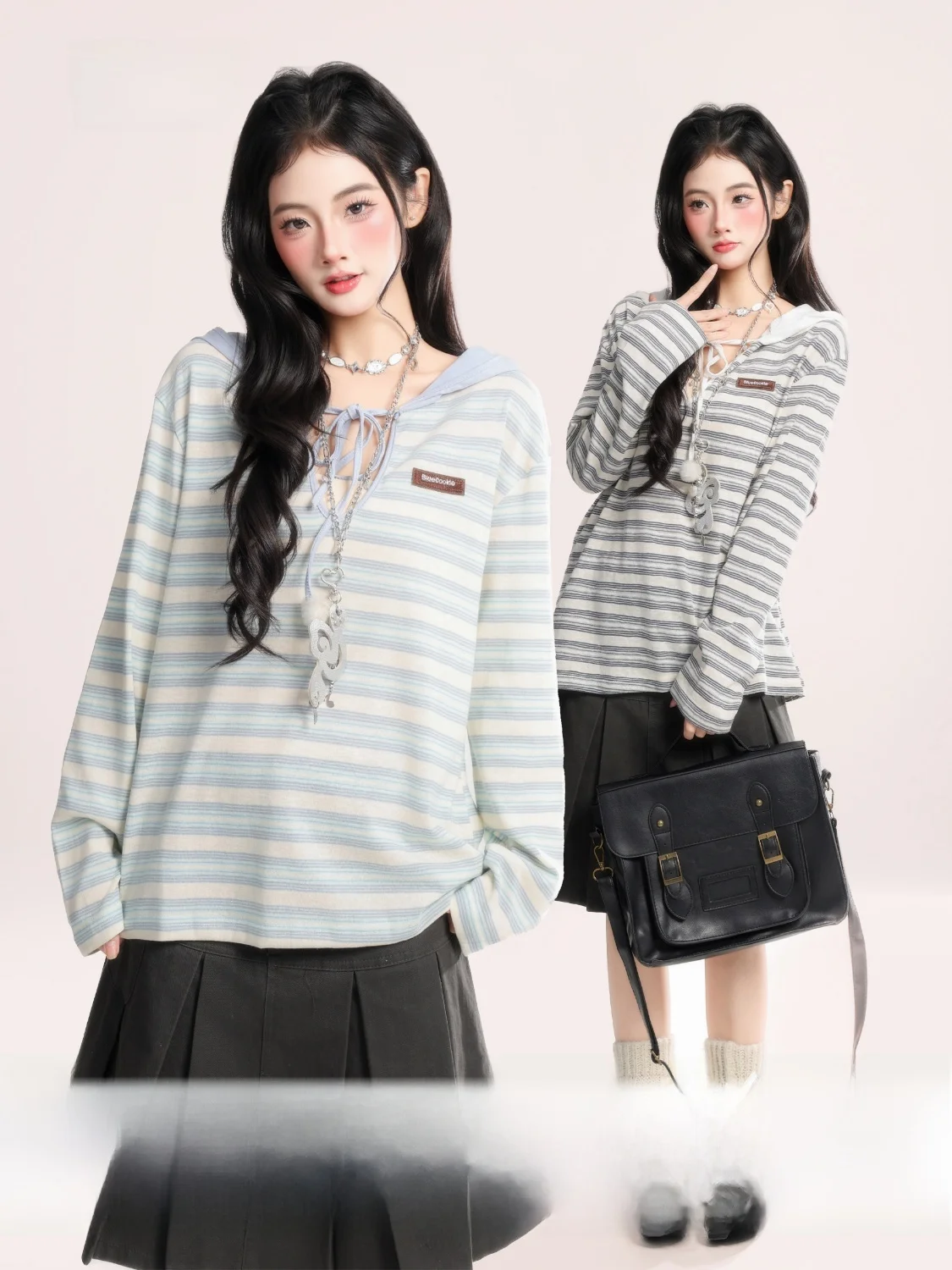 

HM American Retro Striped Hooded Long Sve Women's T-irt Loose Couple Tops Spring 2026 Color Blo Design Casual Cotton...