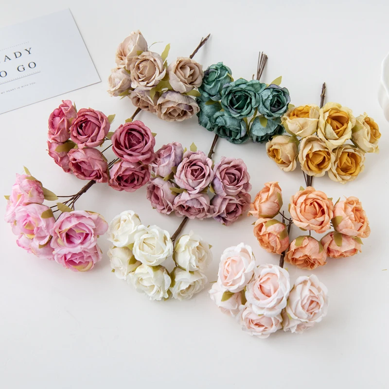 12PC Artificial Flowers Silk Tea Rose Wedding Bouquet Decorative Wreath Christmas Decoration for Home Diy Gifts Box Bride Brooch