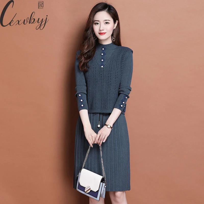 

Autumn Winter Dress 2 Peice Set Women Knitwear Sleeveless Vest +Long Sleeve A-Line Dress Suits 2023 Vintage Oversized Tracksuits