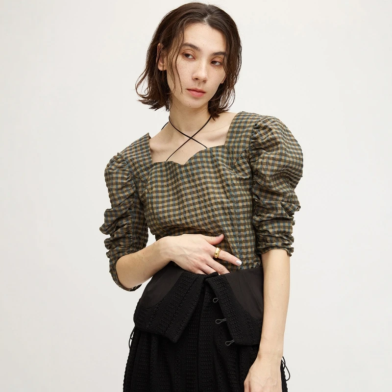 

Torowee Vintage Plaid Bubble Sve irt Women's Slim Fit Long Sve Button down Collar UV Protection Spring Summer irt