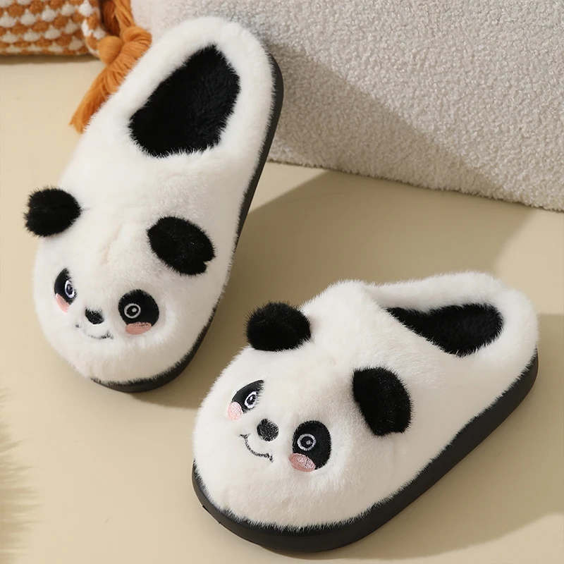 Cute Panda Plush Cotton Slippers for Women Winter Warm Thick Soft Soled Home Cotton Shoes Non-slip Comfort Indoor Furry Slippers