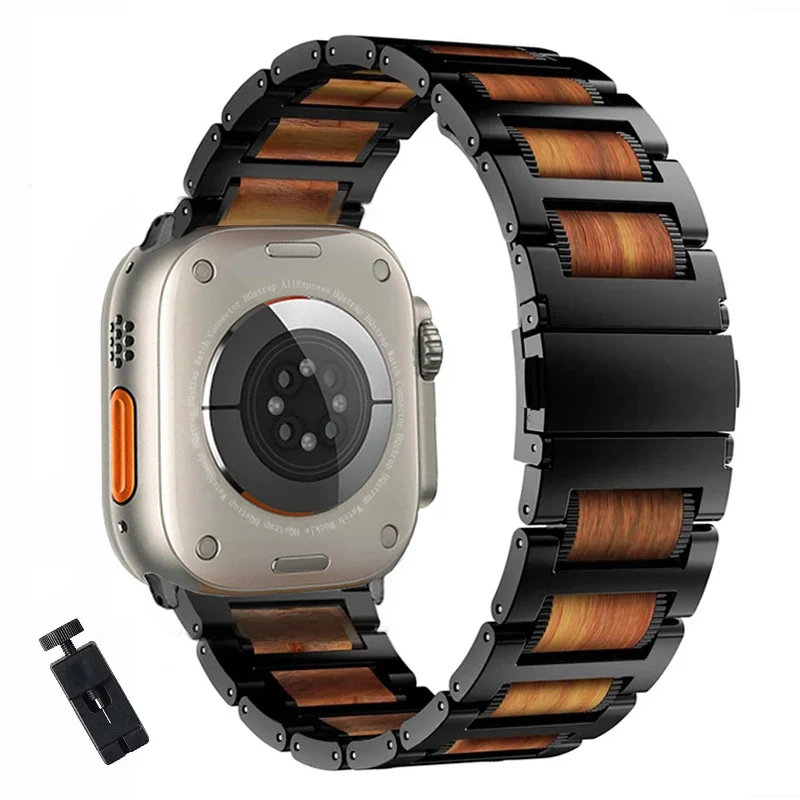 Wood Steel Strap for Apple Watch Band 49mm 45mm 44mm 40mm 41mm 38/42 Bracelet for Iwatch Series 8 7 6 5 SE Stainless Steel Belt