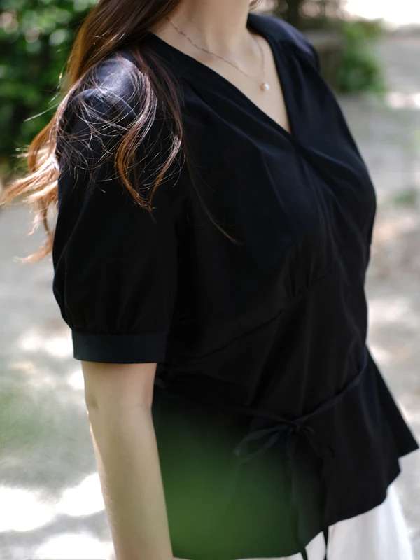 

Silky Comfortable Bla Silk Cotton Satin V-ne ort Sve Belted Women's Summer irt Slim Fit Commute Sle Pure Color