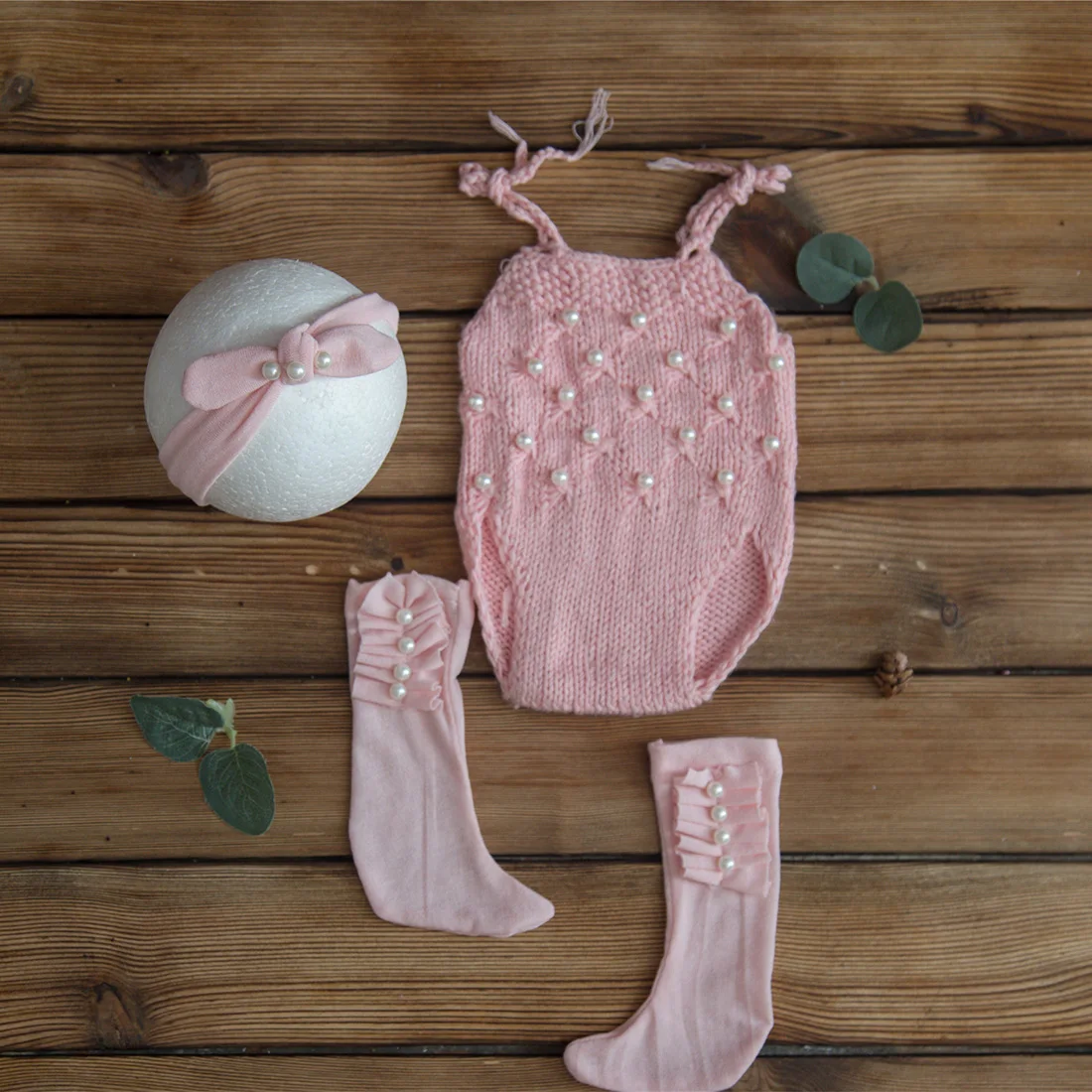 Newborn Baby Knitted Diapers Set with Soft Fabric Sewing Socks And Headband Photography Props Baby Romper Pillow Pants