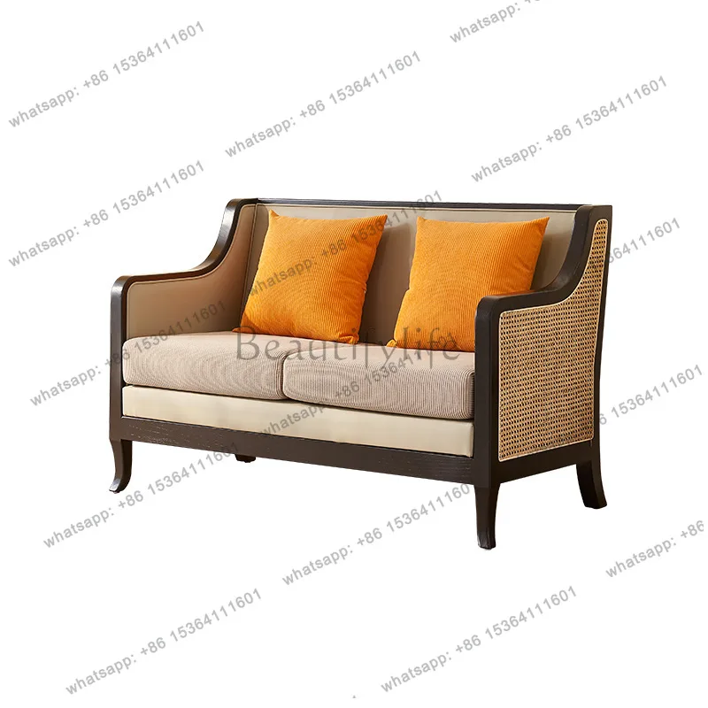 French retro rattan solid wood sofa wabi three-person ash wood straight row sofa