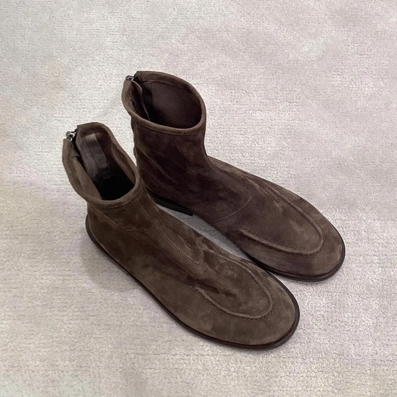 

2025 Autumn Ankle Boots Women British Style Round Head Flat-bottomed Short Boots New Leather Suede Thin Chelsea Boot Shoes Botas