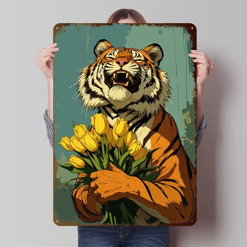 Happy Tiger With Yellow Tulips Poster Customized Vintage Metal Signs Wall Art Retro Tin Plaque for Gaming Decoration Room House