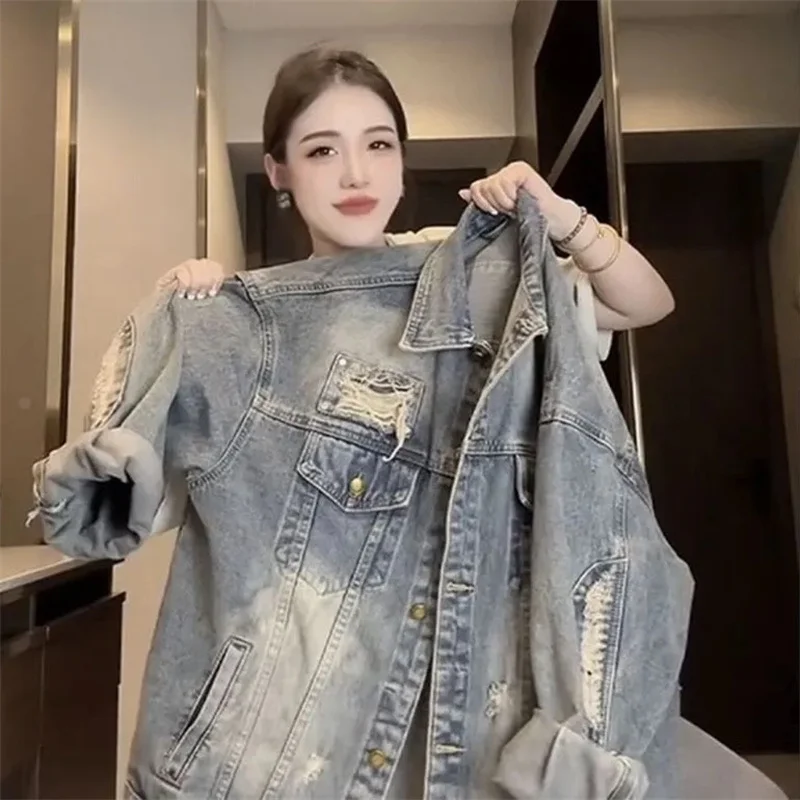 

Весенне-осенняя американская ретро новая модная джинсовая куртка с дырками, женская свободная ковбойская куртка с большим джокером, женский топ