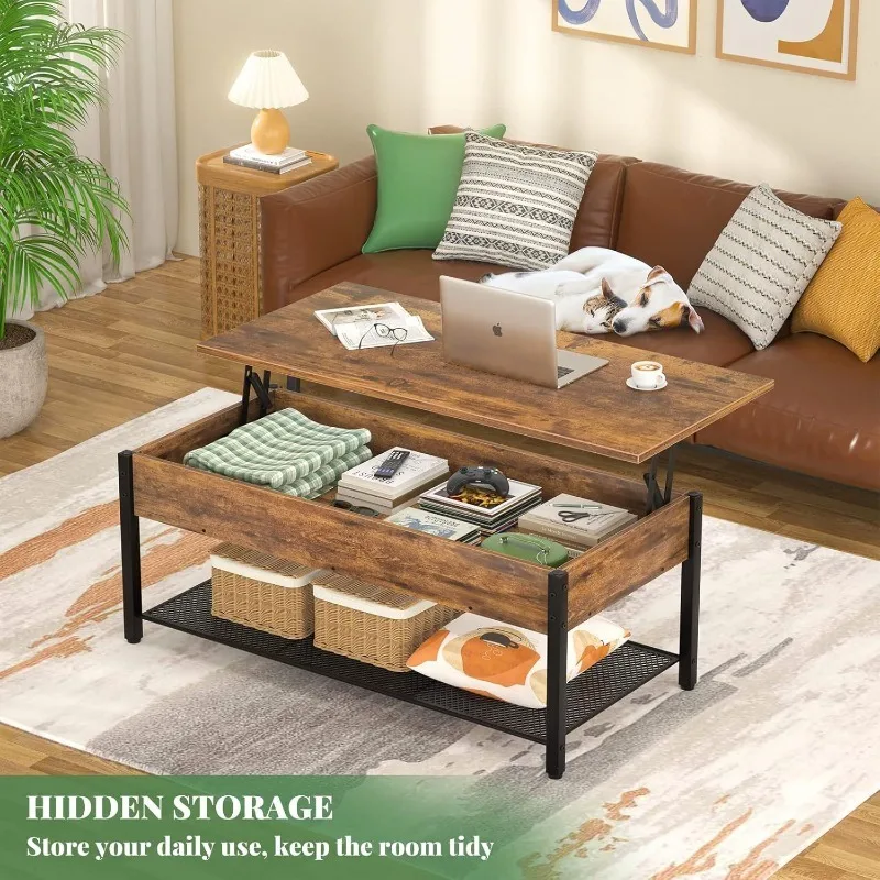 Dareko Retro Industrial Design Multifunctional Pop Tea Center Table Adjustable Extendable Wood Lift Top Living Room Furniture