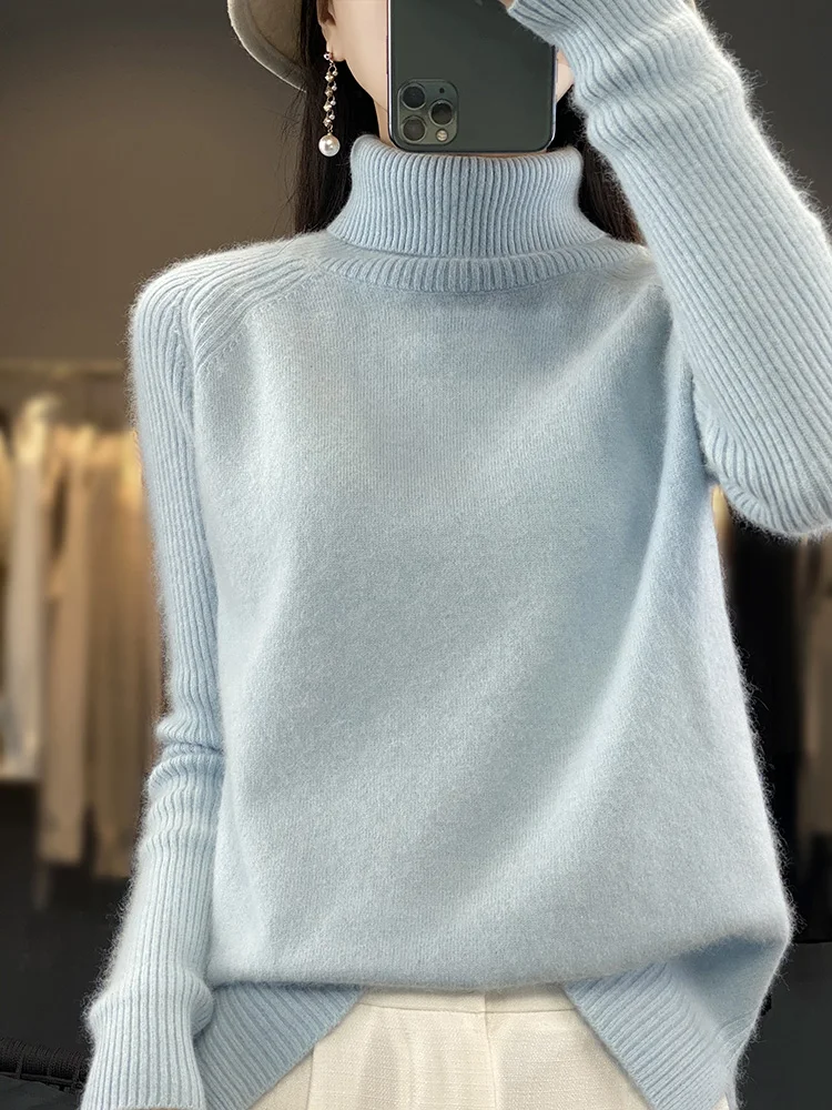 Pull à Col Roulé et Manches sulfen Cachemire de Vison pour Femme, Tricot Doux, Chaud et Confortable, Collection Printemps-Automne 100%