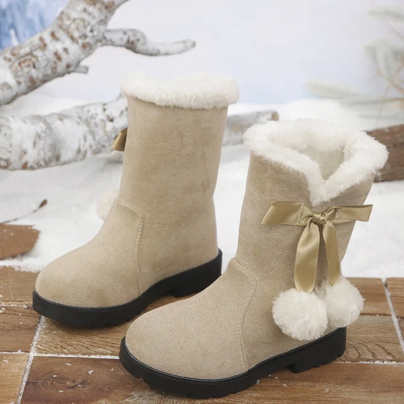 

Зимние классические сапоги до середины икры для девочек, элегантные детские модные зимние сапоги с комочками волос, мягкие пушистые детские плюшевые сапоги принцессы