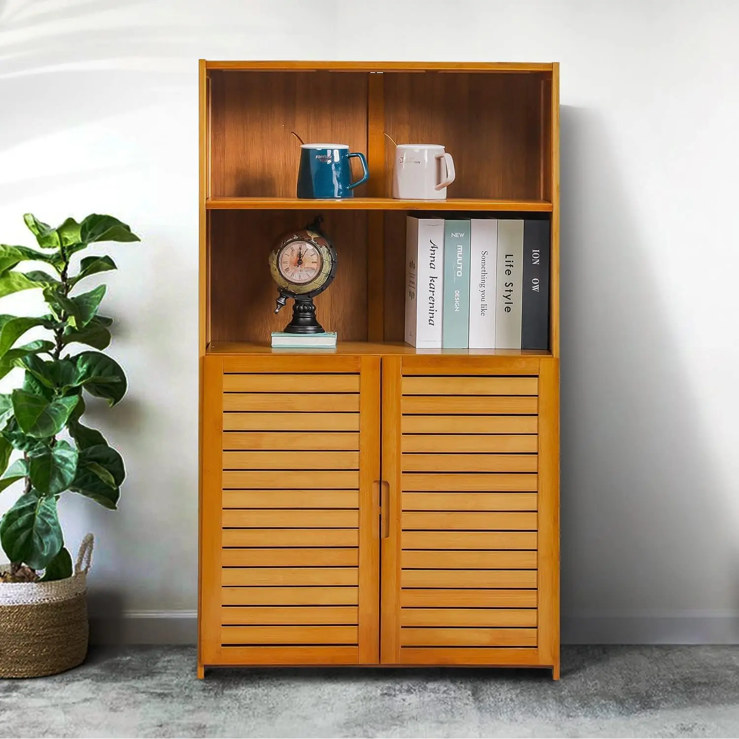 4 Tier Bookcase With Shutter Doors, Bamboo Free Standing Display Shelf Organizer Stand For Bathroom Bedroom Office Living Room,