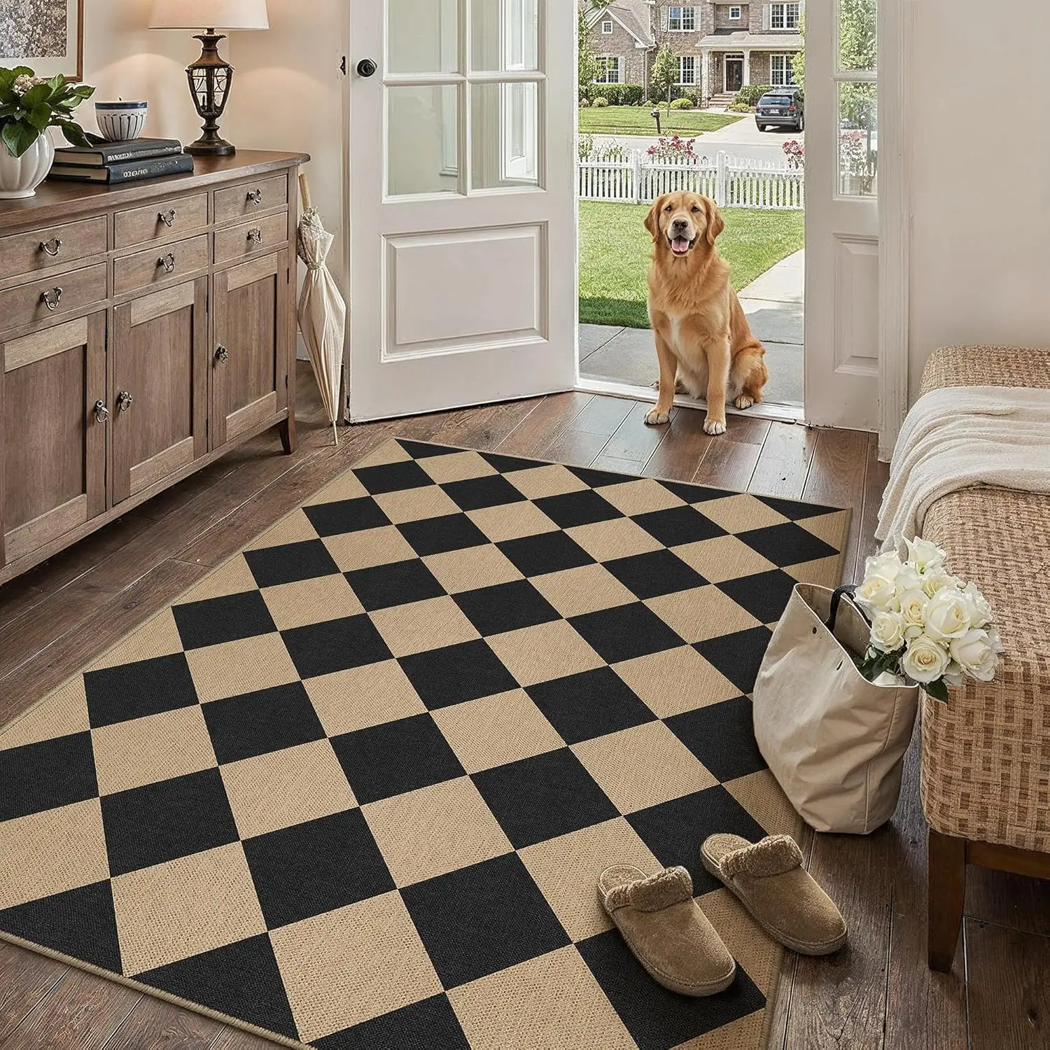 

4x6 Checkered Easy Jute Area Rug for Living Room Checkerboard Washable Indoor Outdoor Carpet Farmhouse Patio Office Mat Geome