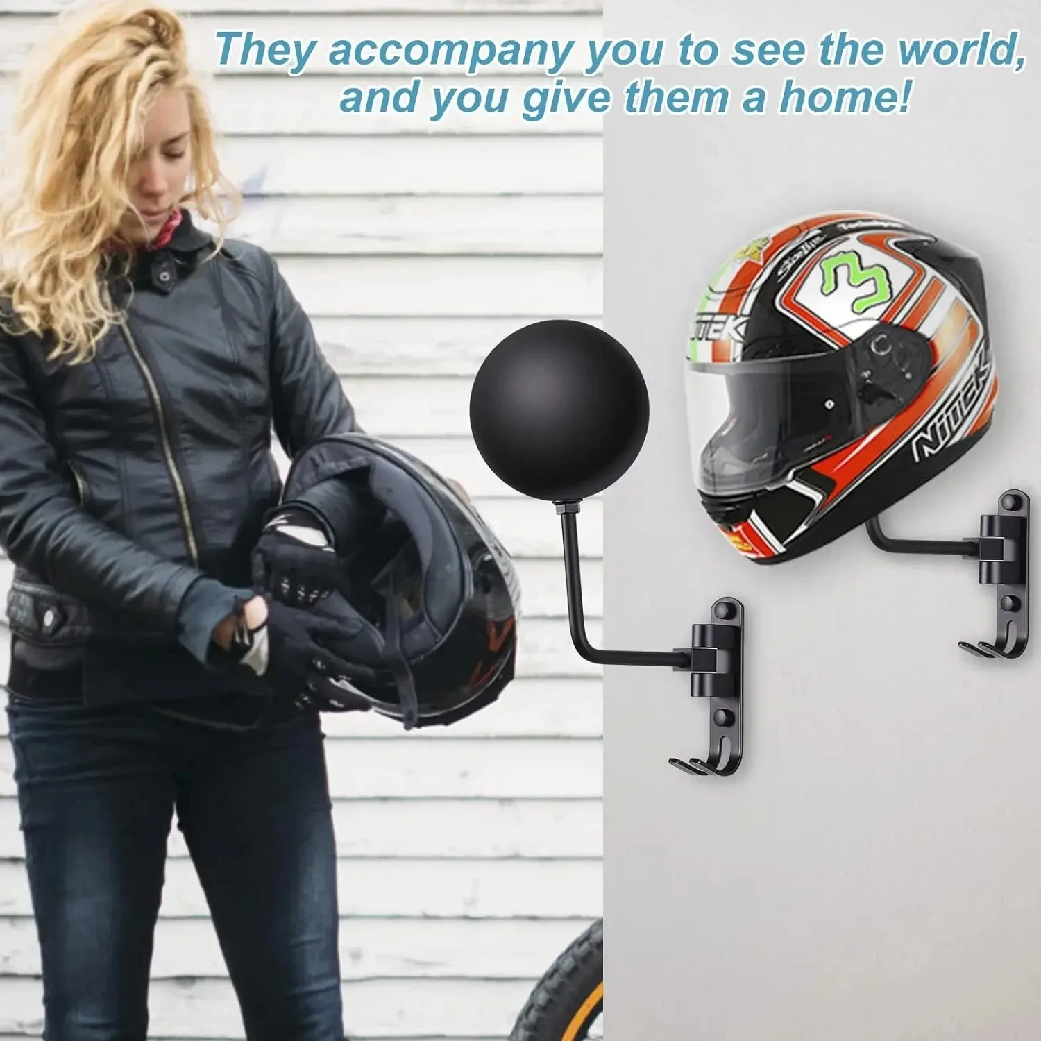 

Wall Mount Motorcycle Helmet Rack, 180° Rotation Hanger Helmet Holder With Hooks For Bike Baseball Helmet Display Hanger Stand