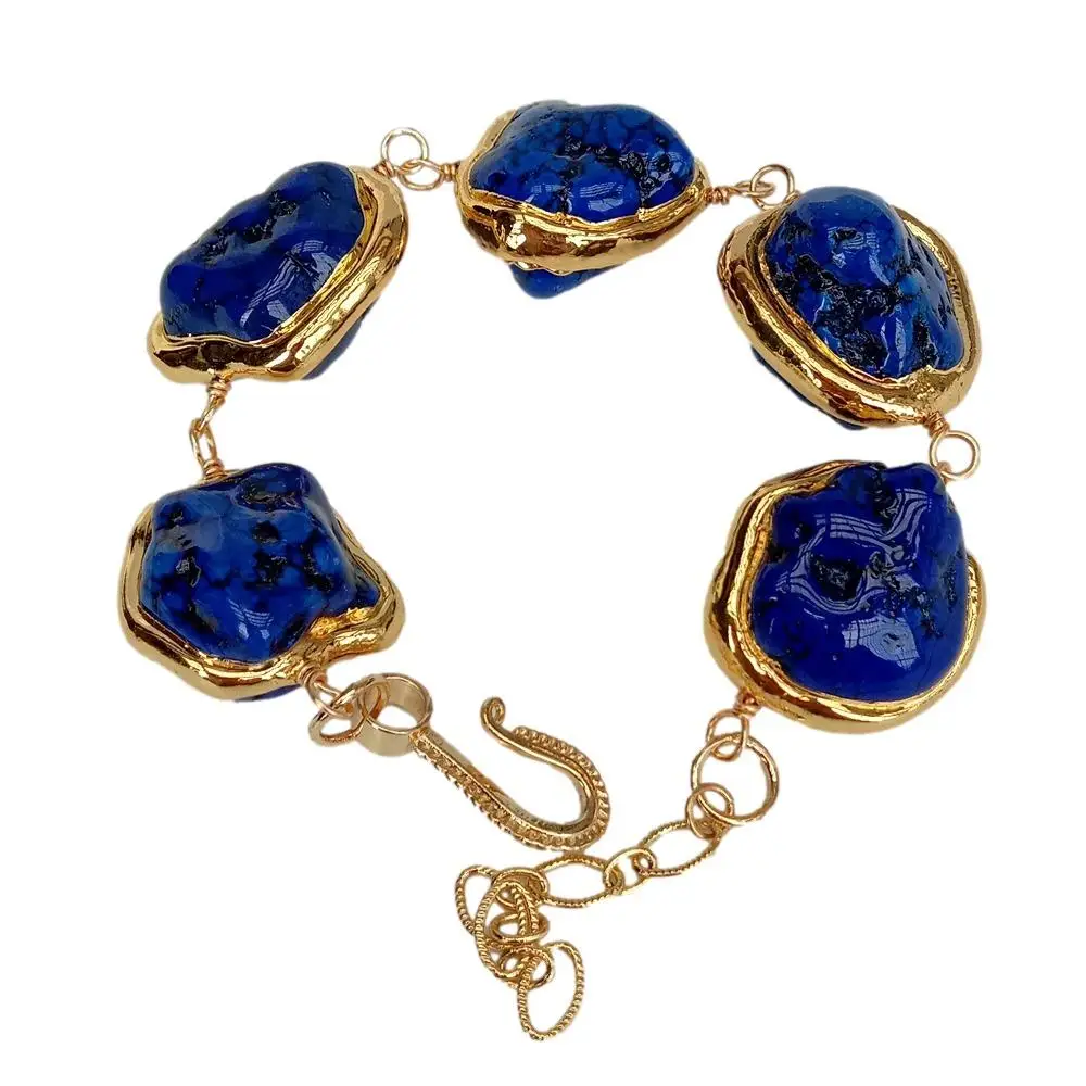 KKGEM 24x25mm Deep Blue Turquoise Freeform Shaped With Gold Plated Bezel Beaded Wrap Bracelet