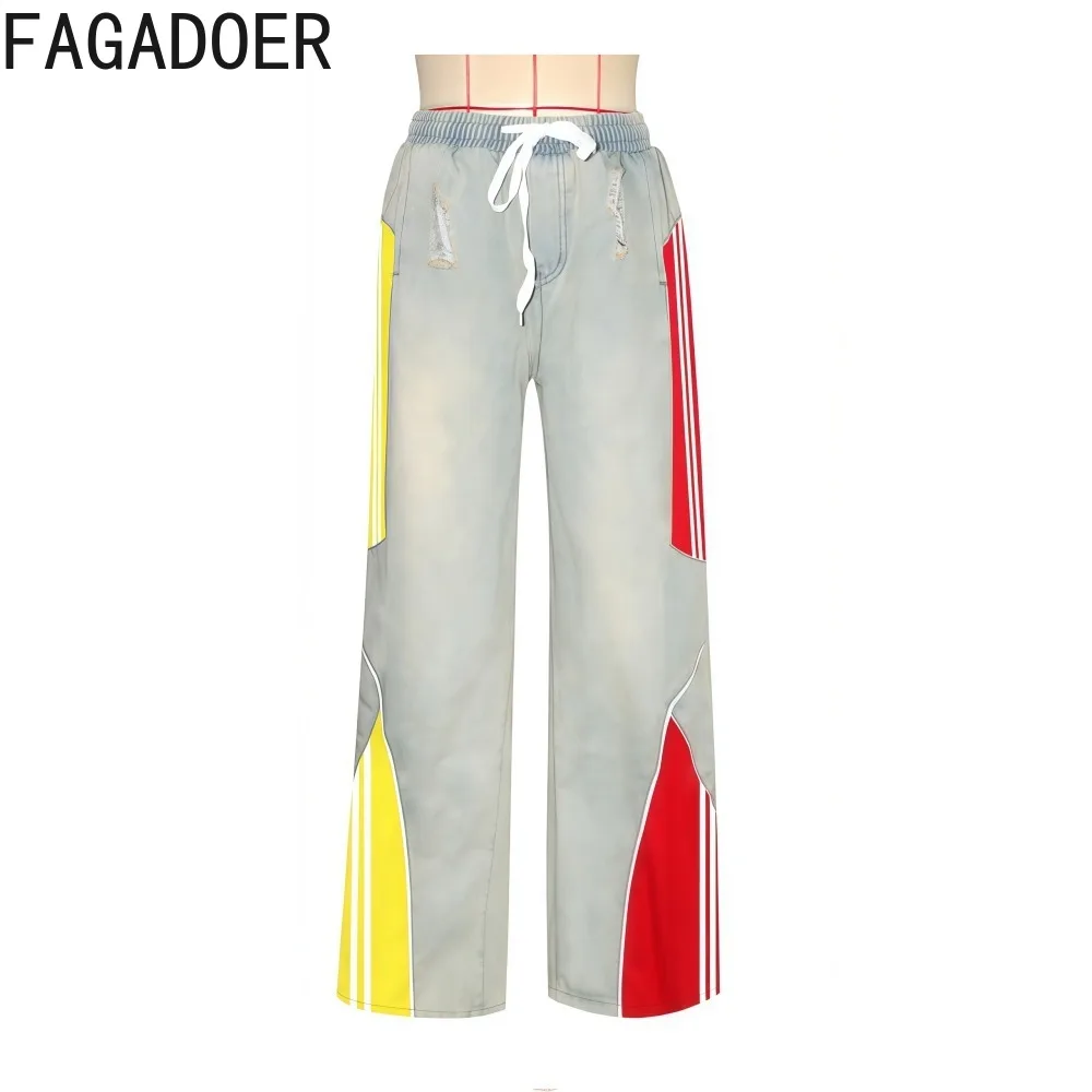FAGADOER Autumn New Fashion Color Block Denim Pants Women Color Block Drawstring Patchwork Straight Leg Pants Female Streetwear
