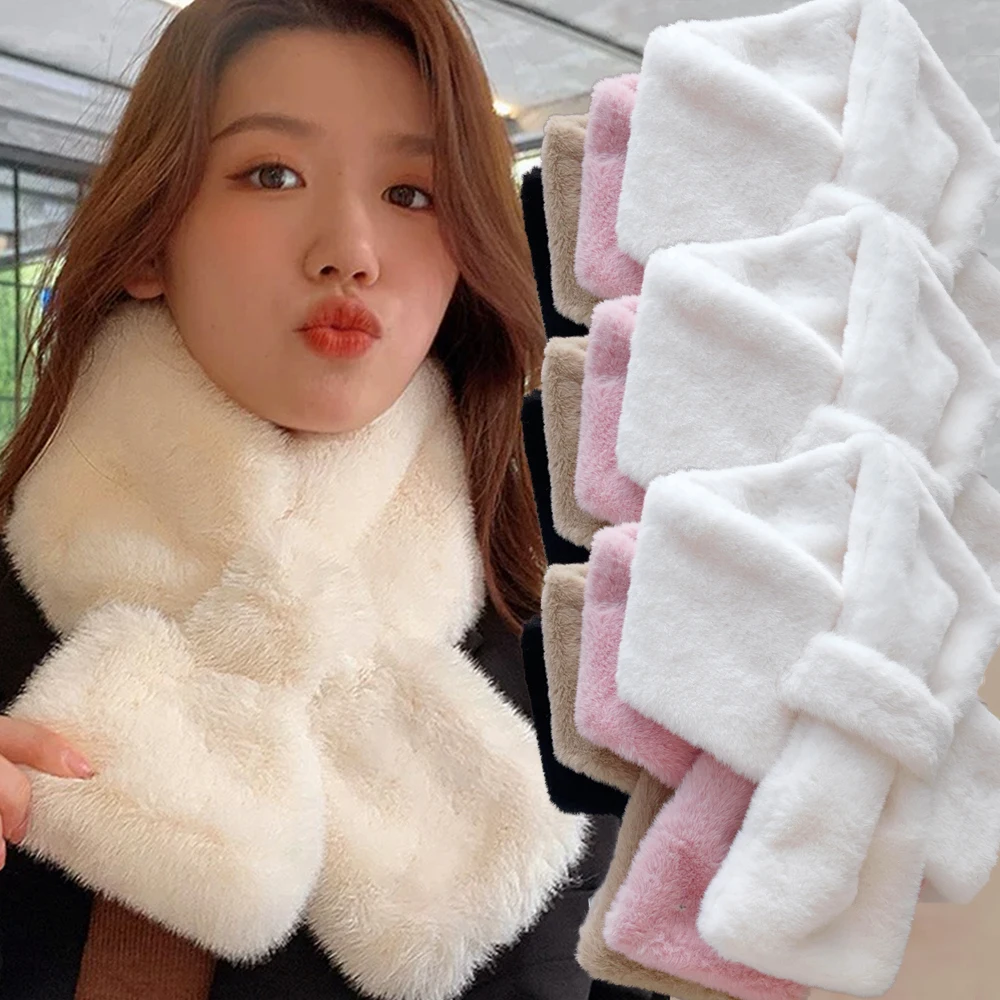 Winter Warm Thicken Scarfs for Women Solid Color Faux Rabbit Fur Plush Cross Collar Scarf Shawl Elegant Warm Soft Neck Scarf