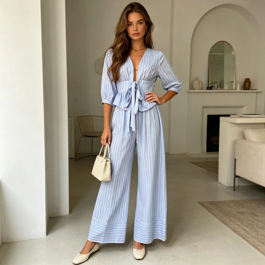 Pant Set Women Two Piece Sets Deep V Neck Lantern Sleeve Shirt Lace Up Striped Wide Leg Long Pants High Waist Y2k Streetwear