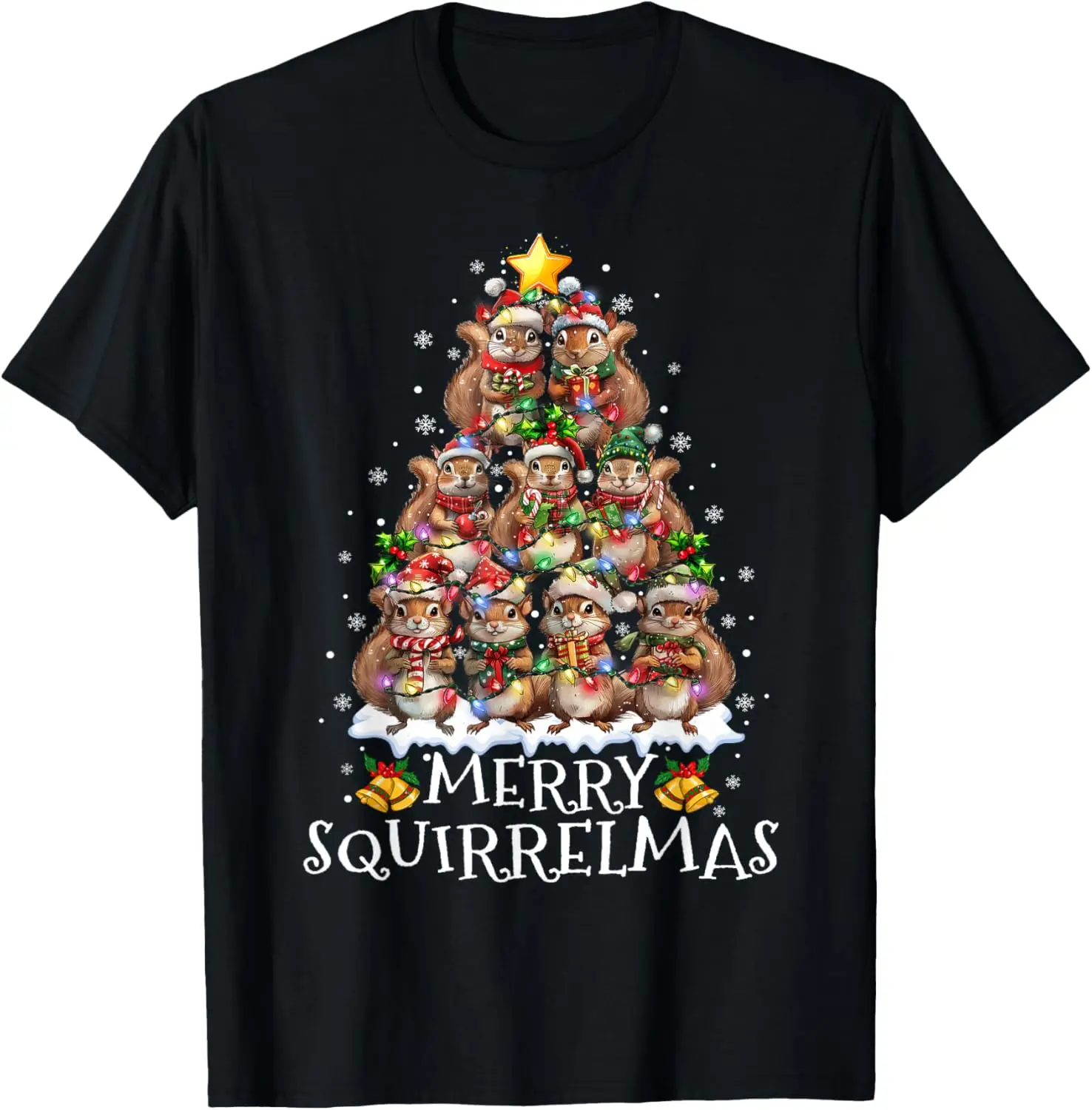 Funny Lovely Cartoons Squirrel Christmas Tree Lights Merry Squirrelmas Santa Xmas Crewneck Tops Tee Shirt Short Unisex Adult