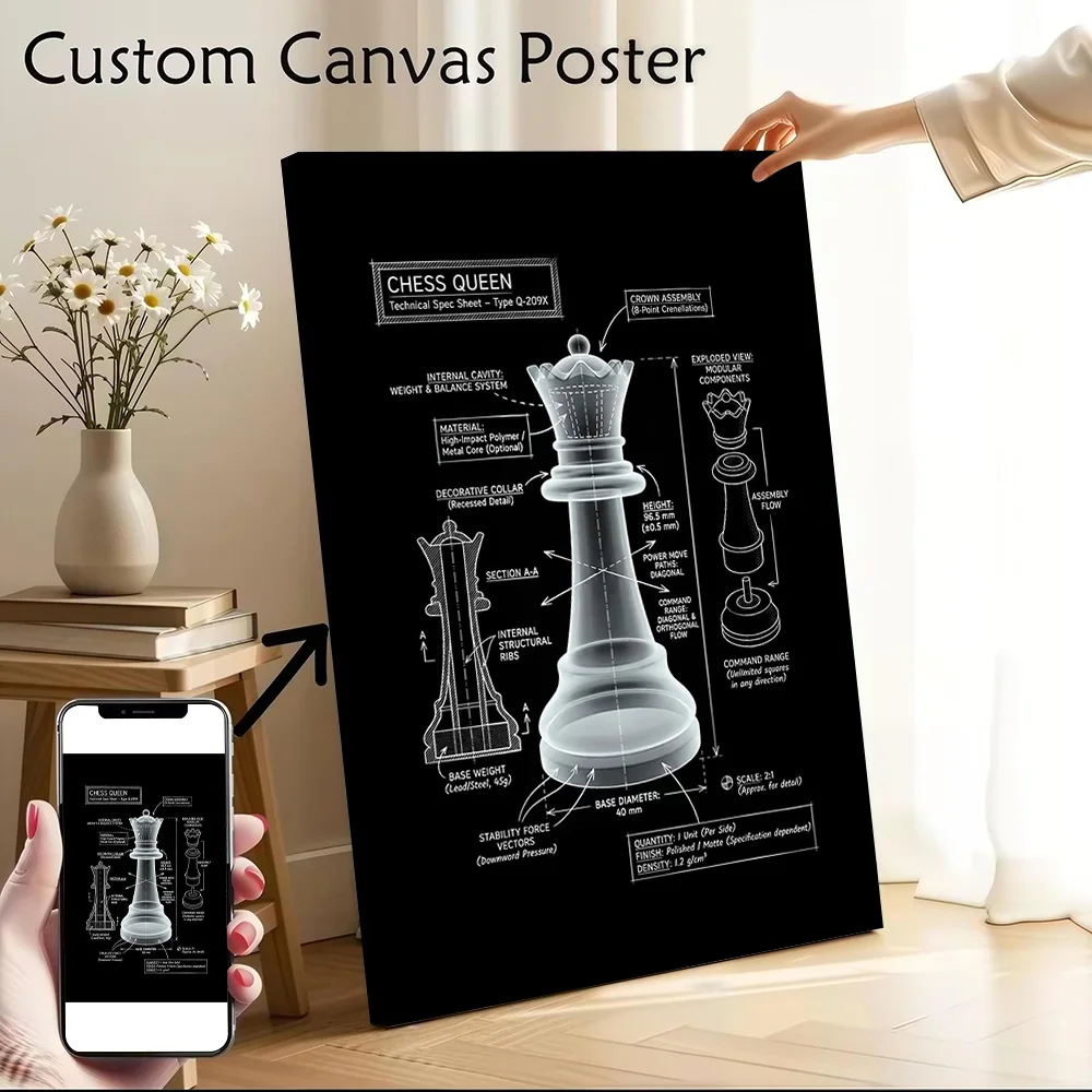 Chess Queen Technical Specification Blueprint Canvas Poster Wall Art Customizable High Quality Printed Picture for Vintage Decor