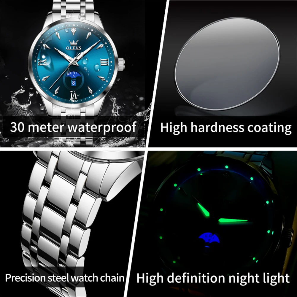 ساعات OLEVS Moon Phase للرجال بتقويم 30 متر مقاومة للماء كوارتز للرجال موضة بسيطة ساعة يد أصلية ماركة #5