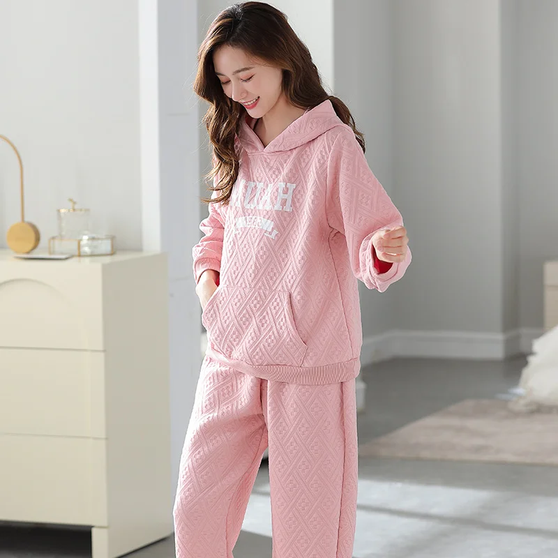 Hooded laminated air cotton pajamas women autumn and winter thick long-sleeved home service female warm thin quilted suit