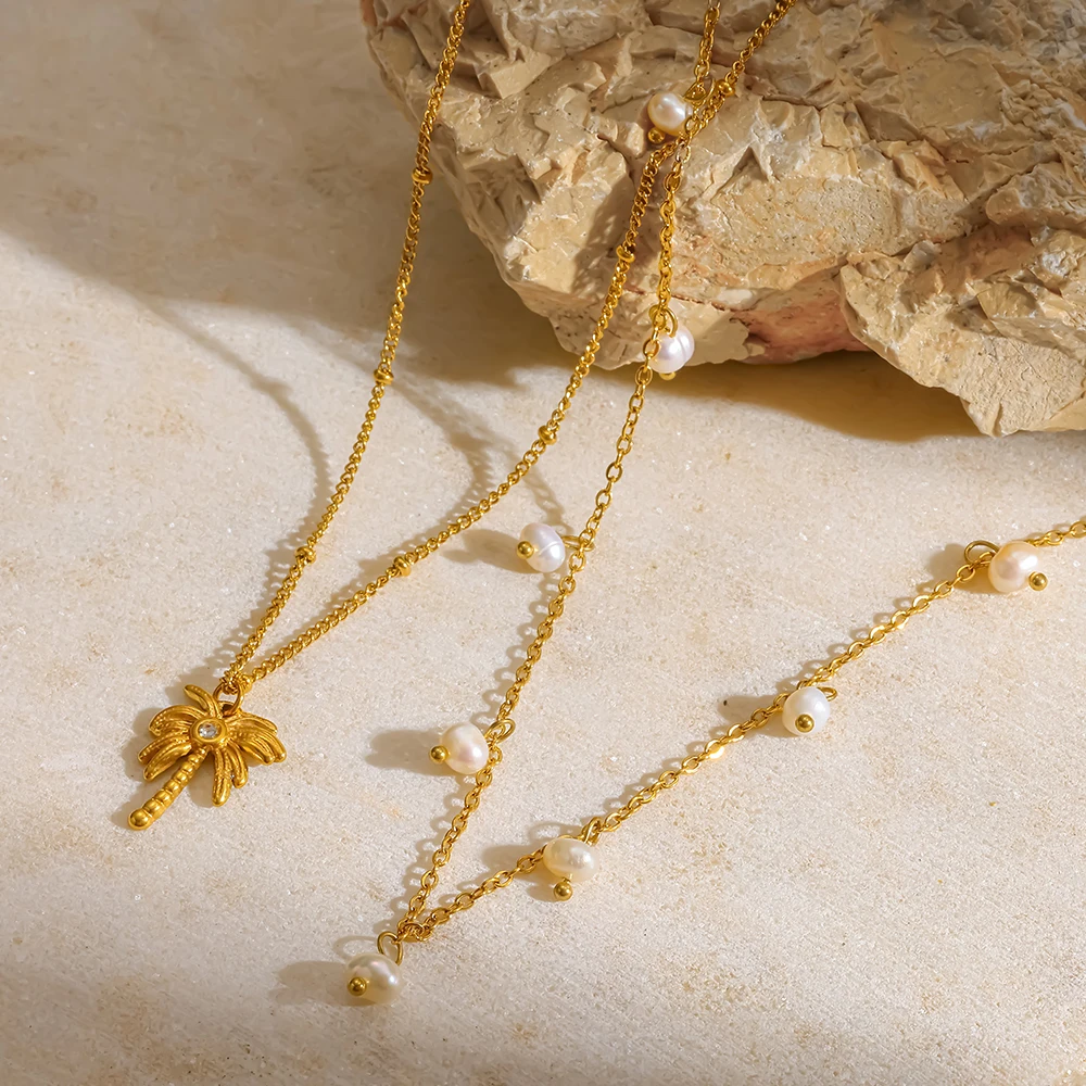 

Freshwater Pearl Palm Tree Pendant Layered Necklace 18K Gold Plated Stainless Steel Collar Chain Vacation Jewelry for Women Gift