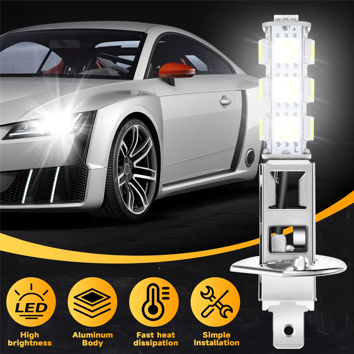 白い自動ヘッドライトランプ,SMD 5050 LEDチップ,H1, 13, 2個
