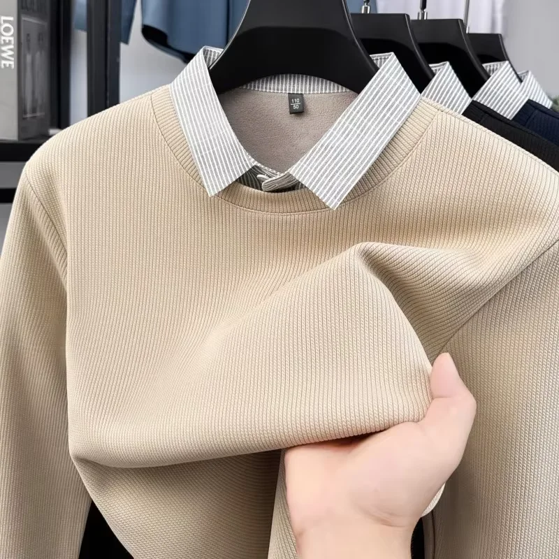 High quality fake two pieces lapel pullover men's new fashion skin friendly comfort plush warm luxurious trend casual sweater