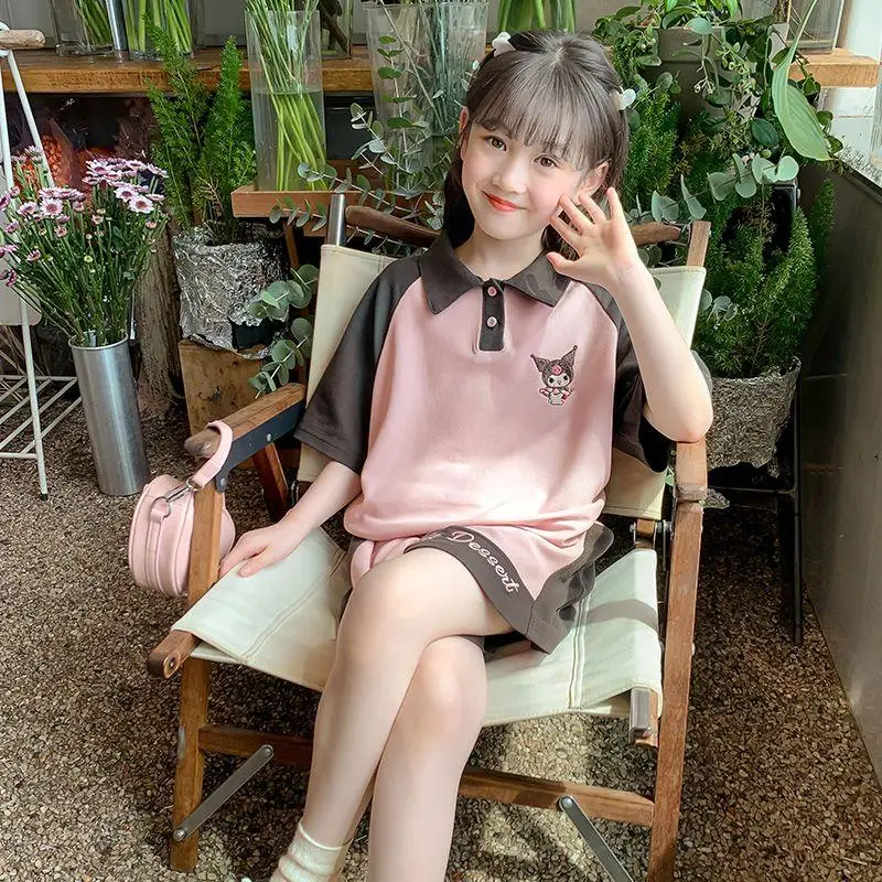 

Sanrio 2Pcs Kuromi Short Sleeve Summer New Style Children Casual Color Block Shorts Korean Style Fashion Comfortable Versatile