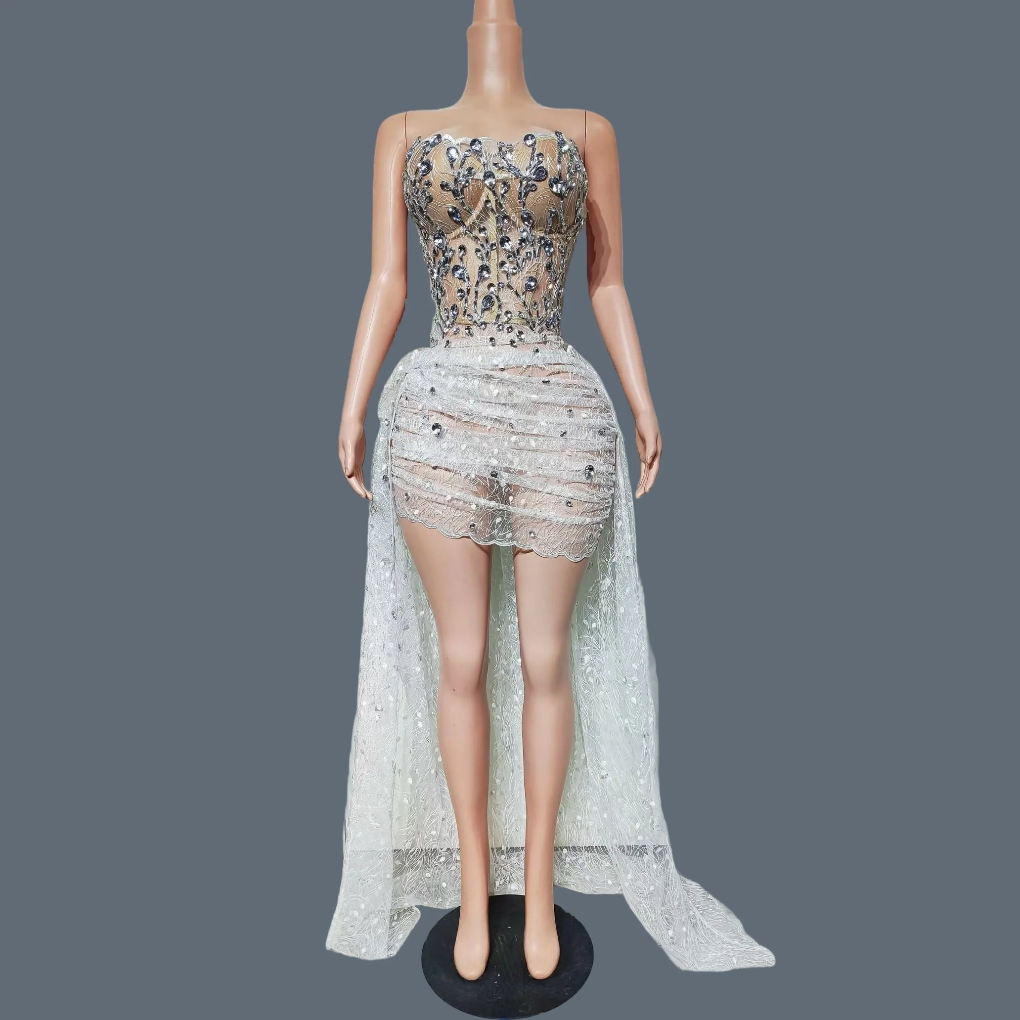 Sexy Women Strapless Bandage Crop Tops Mini Skirt 2Pieces Set Sparkly Sequins Rhinestone See Through Mesh Party Outfit Yuntang
