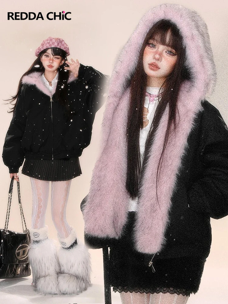 ReddaChic Fuzzy Windproof Bomber Jacket with Hood Women Zip-up Fleece Lined Cropped Reversible Faux Fur Coat Punk Winter Outwear