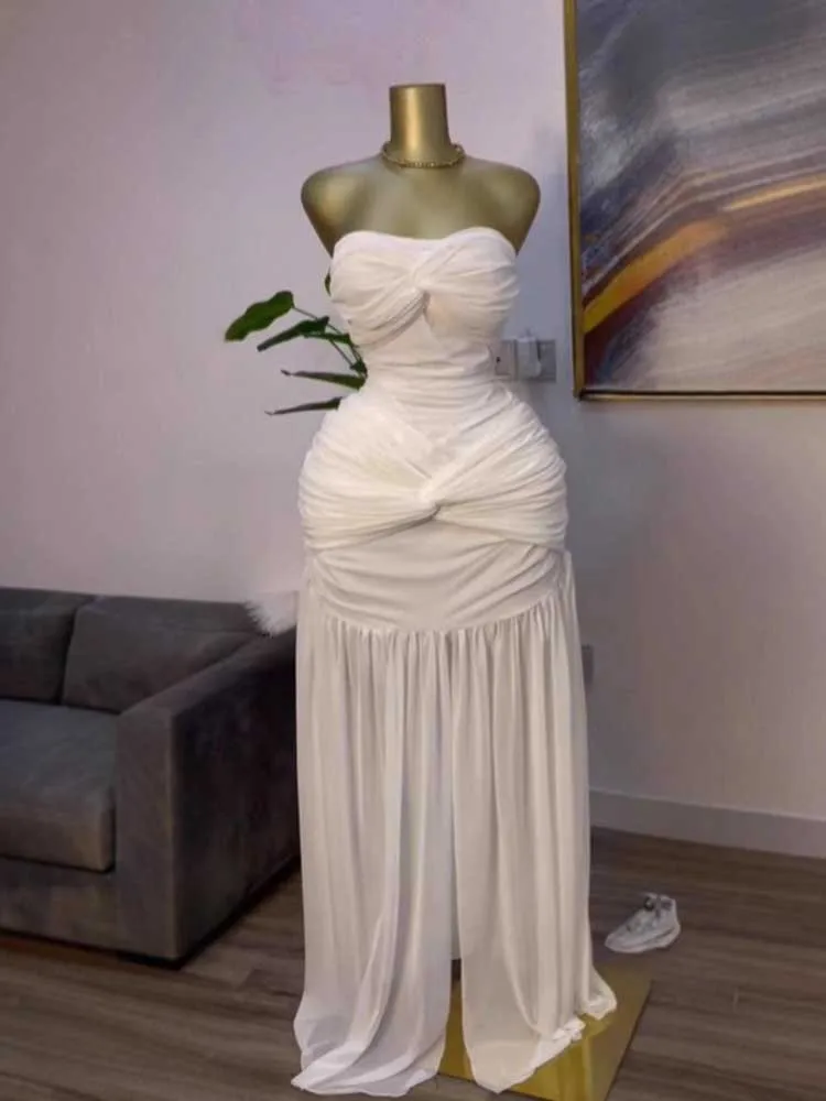 Elegant Party Dresses for Women Mesh Draped Pleated Long Strapless Evening Dress Slimming Summer Backless Floor Length Dress