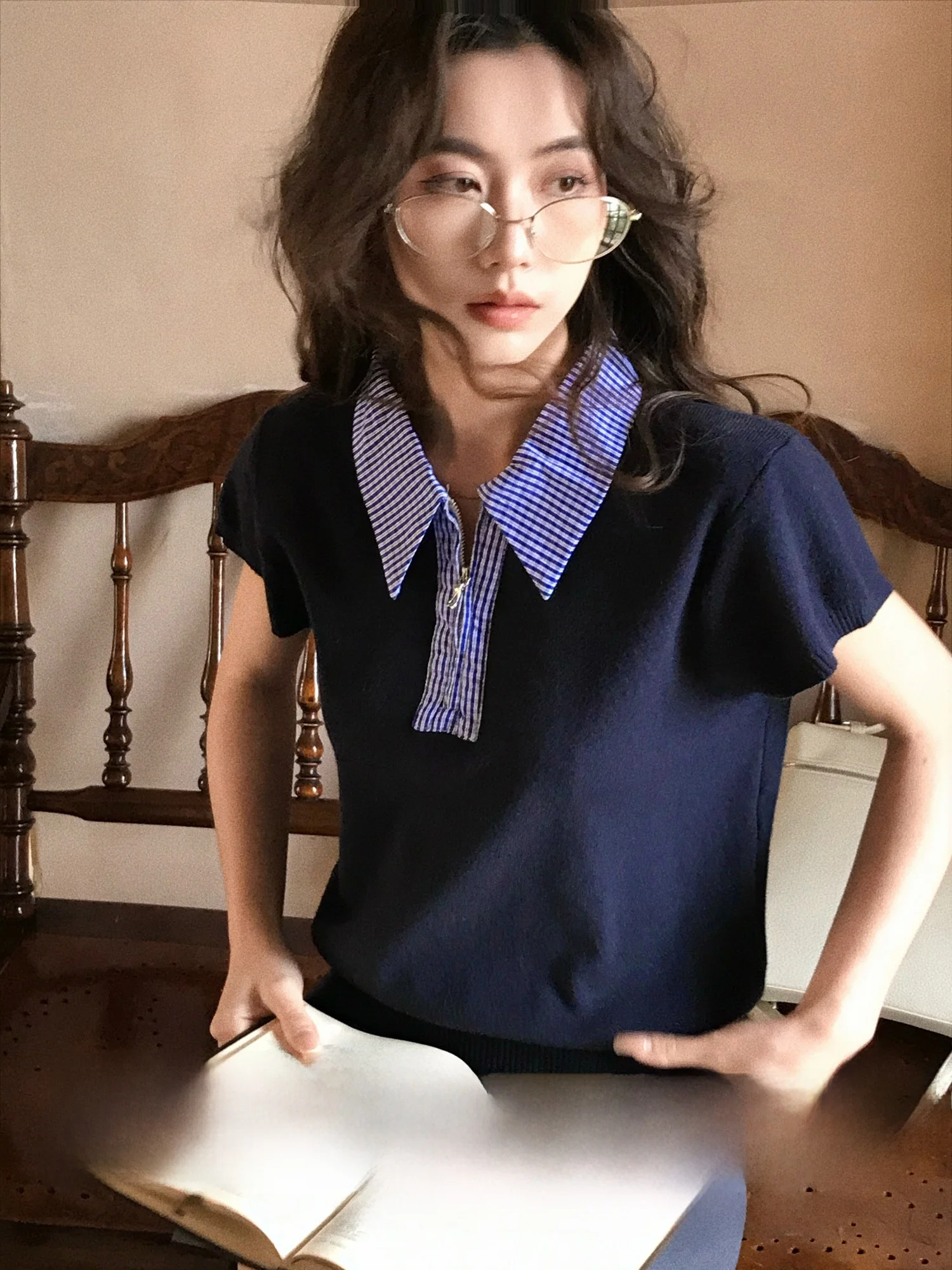 

Miu Sle Color Blo Plaid Knit Top Women's Slim Fit ort Sve T-irt Spring Season Retro Sle Universal Size Knittedwear