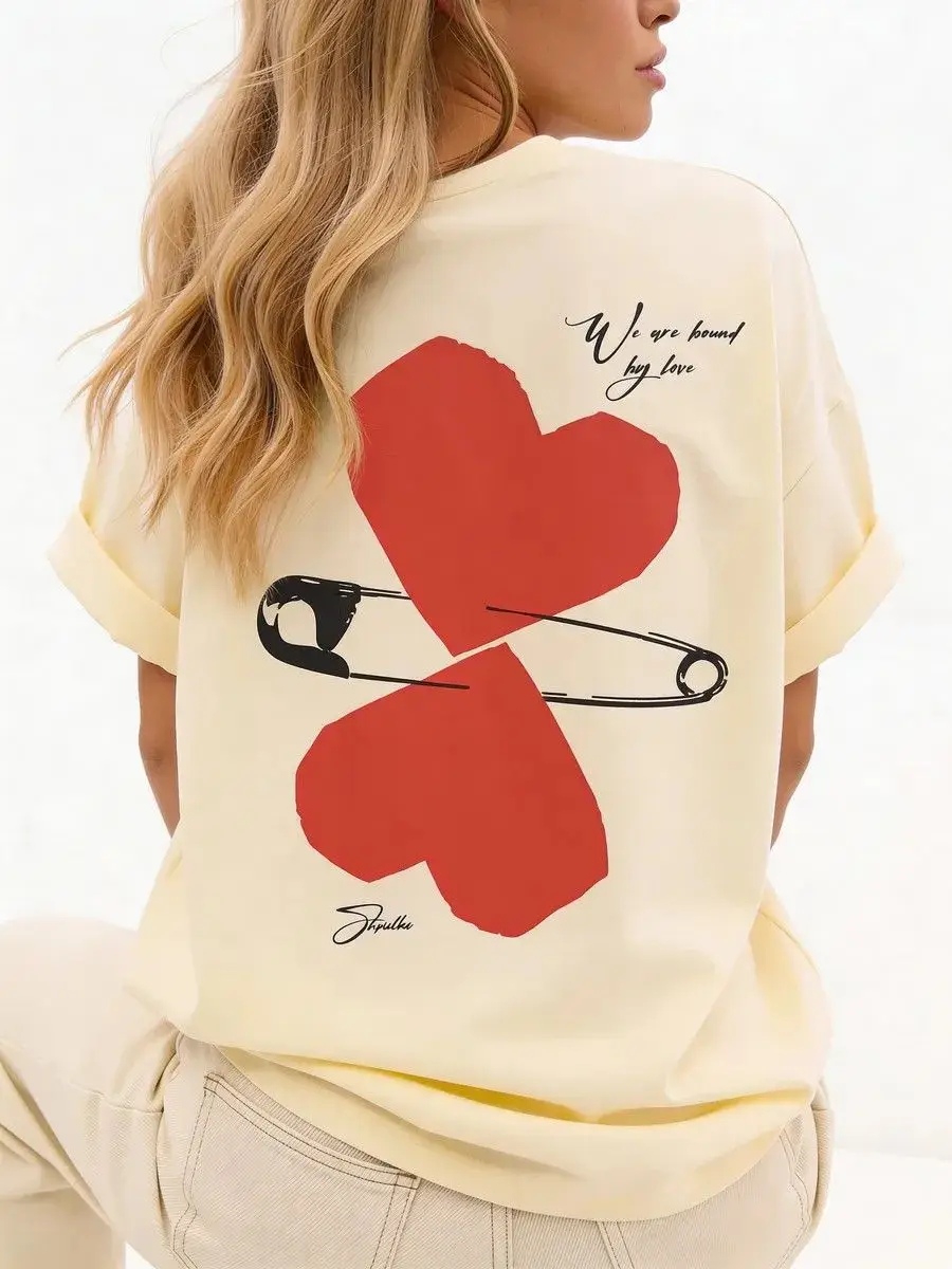 Y2K Chic Sweet Valentine Women Oversized100% Cotton T-Shirt Back Print Safety Pin Red Heart 