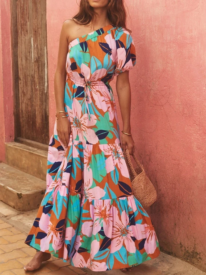 

Lady One-shoulder Sleeve Dress Bohemian Style Slash Collar Floral Print Dress Summer New Sexy High Waist Pleated Vacation Dress