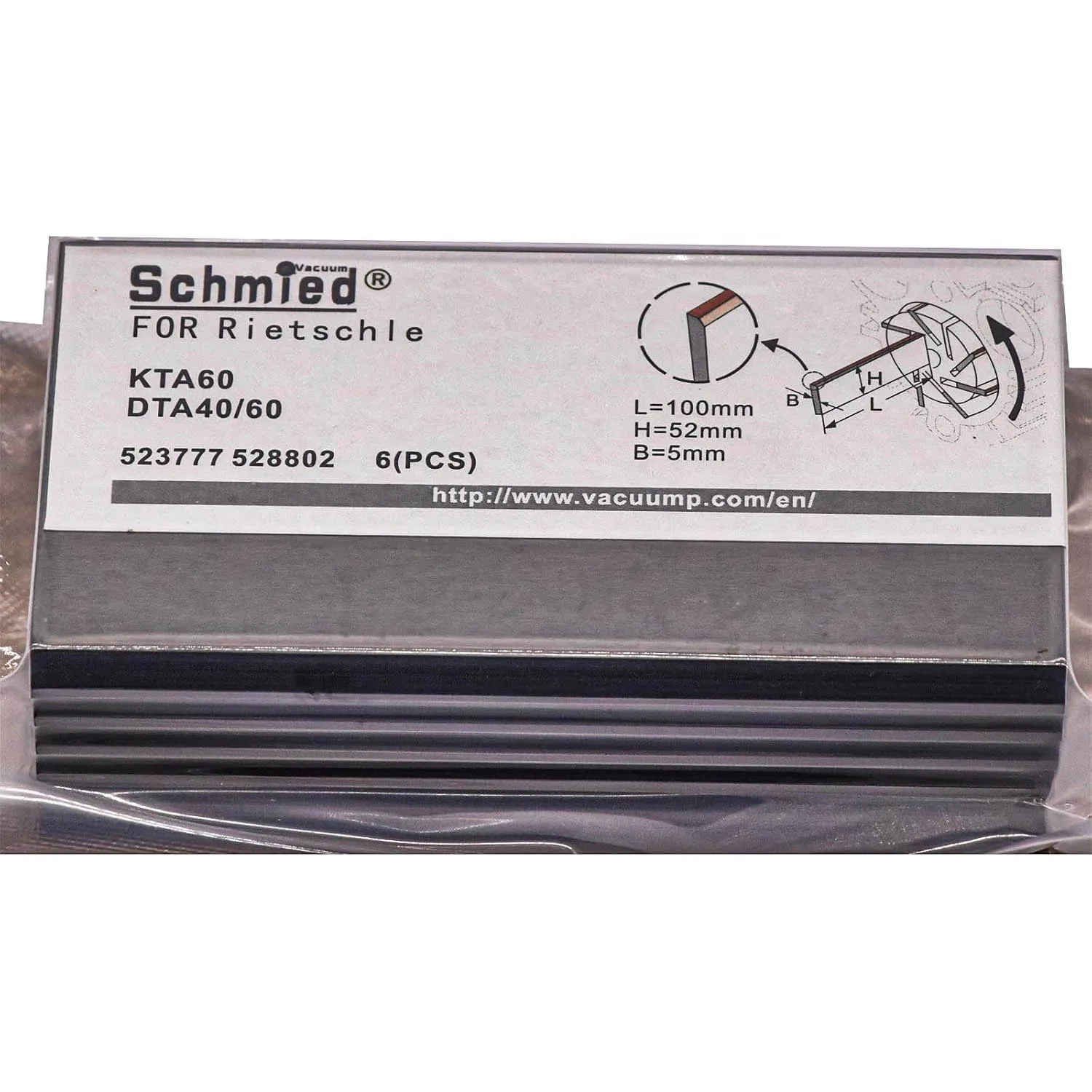 6 Pack Vane 523777 528802 for Rietschle Vacuum Pump DTA40, DTA60, KTA60, 100-52-5mm