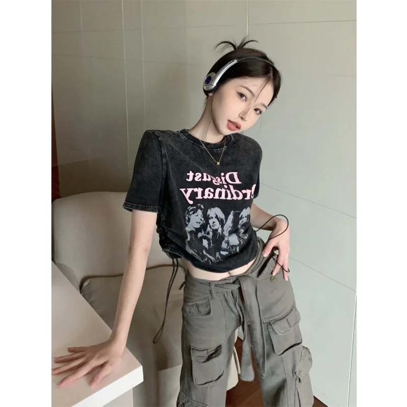 American Retro ort Sve T-irt Donna Estate Nuovo Design Sensuale Ombelico Esposizione ort Sle Top Coreano Sle rotondo...