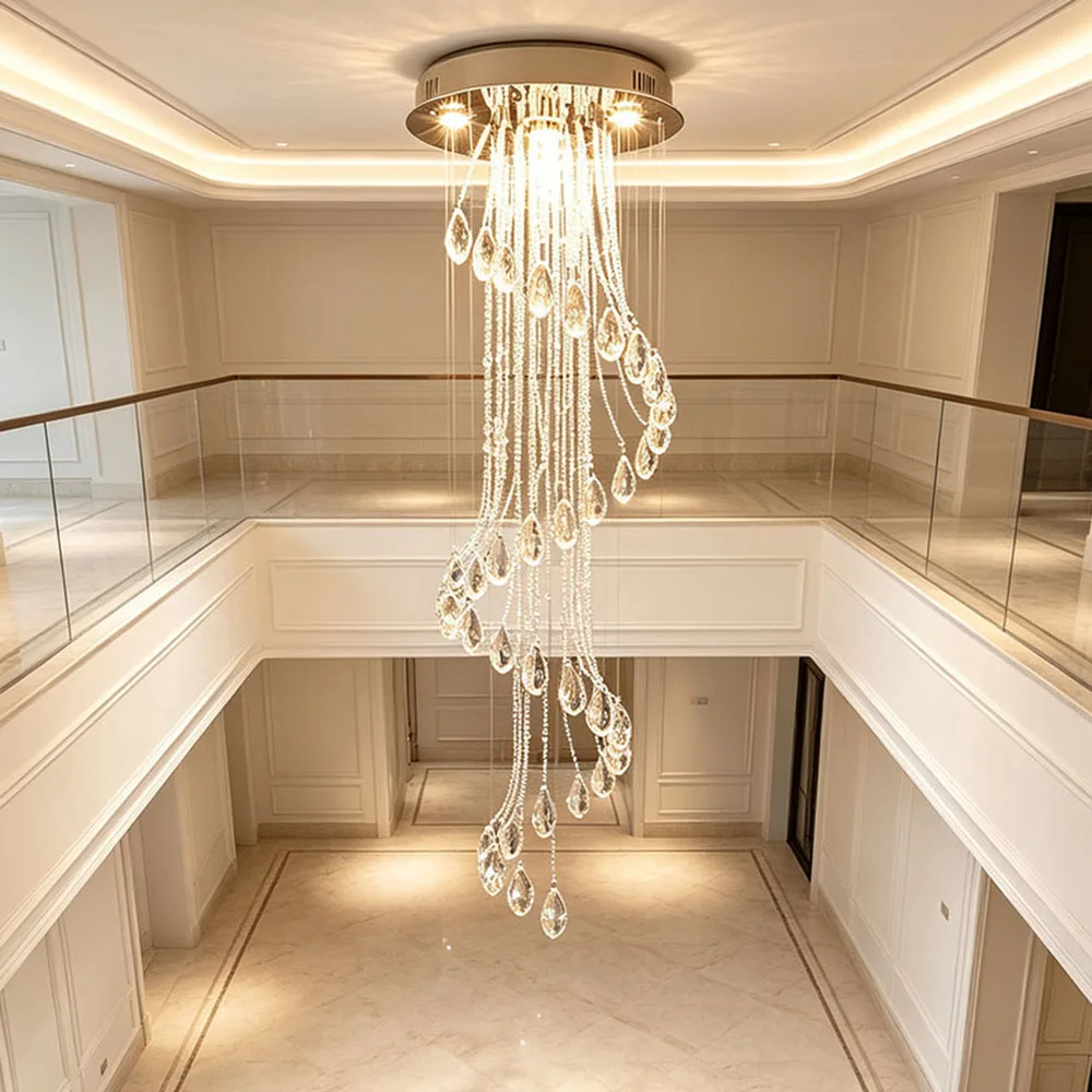 Modern Long Water Drop Crystal Chandelier Spiral Staircase Ceiling Light For Villa Loft Foyer High Ceiling Decor
