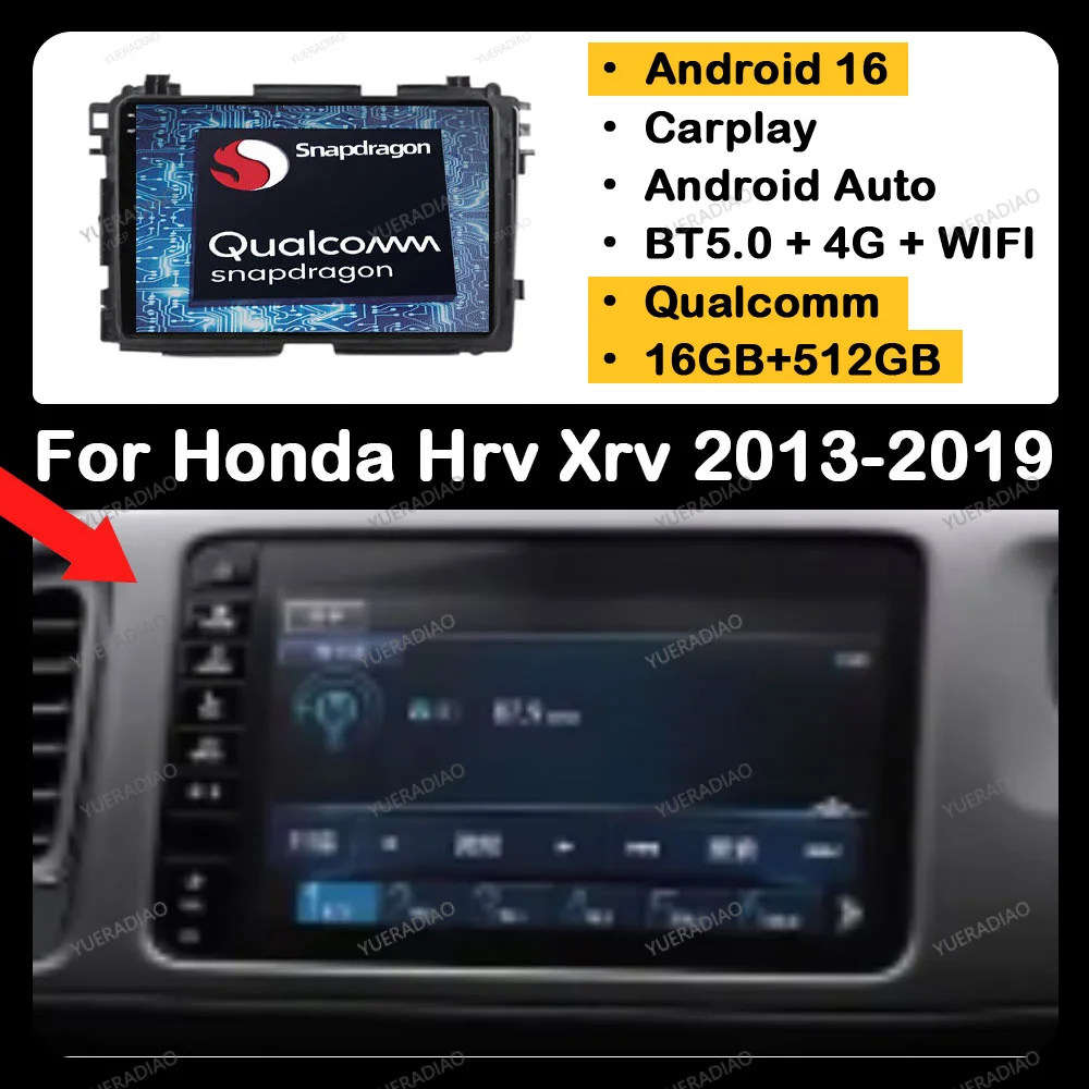Radio para Auto Android 16 para Honda HR-V HRV XRV Vezel 2013-2019, GPS NAVI 2DIN, BT, Qualcomm, Reproductor Multimedia Estéreo, Unidad Principal con Reproductor de Video